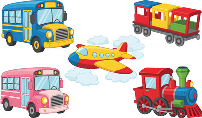 Fototapeta premium Cute transportation cartoon vector set with school buses airplane and colorful toy train illustrations