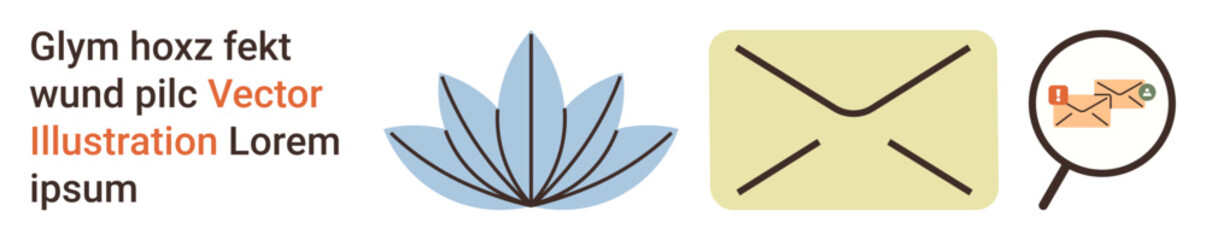 Communication, nature, data search, email marketing, digital correspondence, identity verification. Blue lotus icon, envelope magnifying glass analyzing email. Communication and nature symbolism