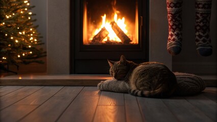 Cozy cat by the fireplace with festive tree in the background.