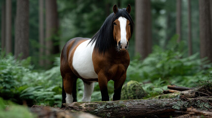 Mystical horse stands in forest with motionless calm presence surrounded by green foliage and tall tree trunks