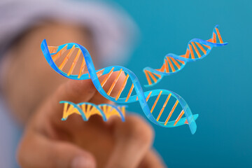 Conceptual image of a hand interacting with a 3D rendered DNA structure, exploring genetic concepts and future