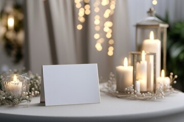 Blank White Horizontal Card Mockup on a Table with Candles, Golden Fairy Lights and Festive Bokeh Background