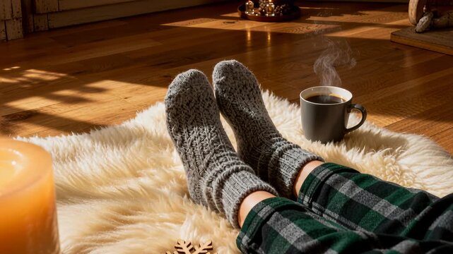 Feet rest on a plush sheepskin rug beside a lit candle and steaming mug, conveying a cozy morning routine with soft natural light and warm wood flooring, with open floor space that can accommodate tex