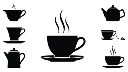 Black and white illustration of various teacups pots and steaming beverages