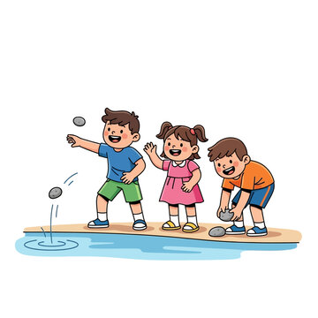 Children engaging in playful activity of throwing pebbles into water cheerfully outdoors