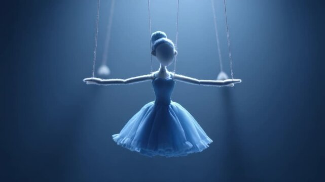 Elegant Blue Ballerina Puppet Suspended in Ethereal Light with Graceful Movement and Captivating Stage Presence 4k video footage