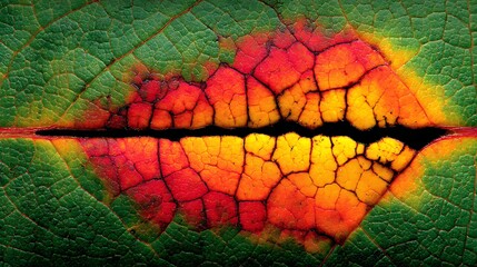 Close-up of a leaf showcasing vibrant fall colors, intricate veins, and a stunning natural design
