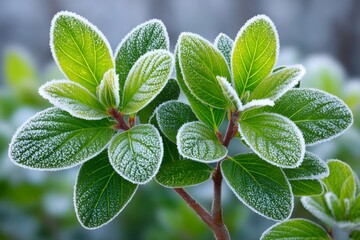 Green plant leaves covered in freezing white frost
