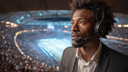 Medium shot capturing a sports event interpreter conveying realtime commentary for viewers at a dynamic stadium venue.