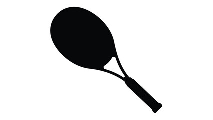 A simple black silhouette of a tennis racket against a white background