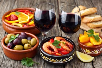 Spanish tapas with shrimp, olives, and red wine glasses