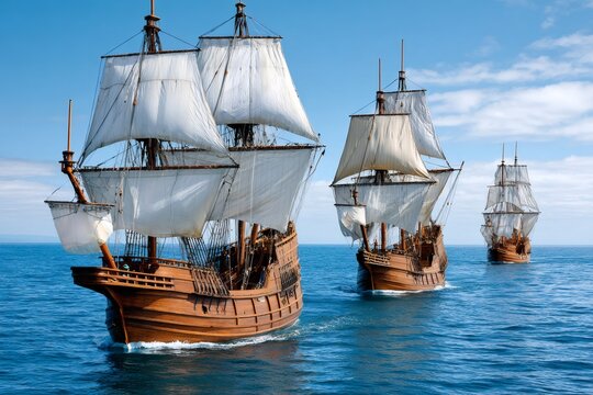 Columbus ships sailing ocean exploring new world