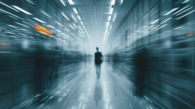 Corporate Corridor: A lone figure strides purposefully down a futuristic, minimalist hallway, embodying ambition, progress, and the relentless pursuit of goals.