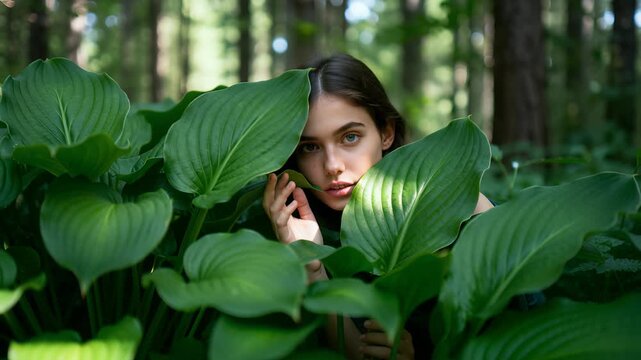 Woman peeks from behind large hosta leaves in dappled woodland light, framed by deep green foliage and soft shadows; closeup portrait conveys mystery, calm mood and nature focused concept for advertis