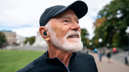 Old white man wearing a hat and glasses, walking down a city street with earphones in his ears.
