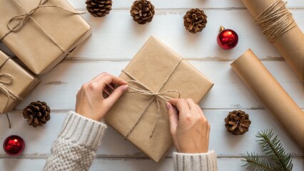 Gift wrapping with festive decorations and cozy surroundings.