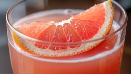 Close-up of a Refreshing Pink Grapefruit Slice Garnishing a Vibrant Citrus Drink