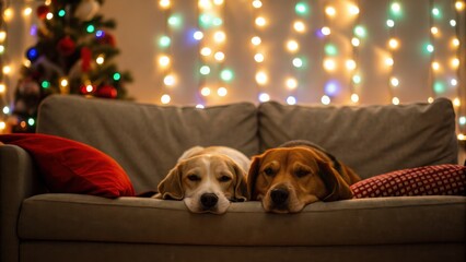 Two dogs resting together on a couch with festive lights in the background.