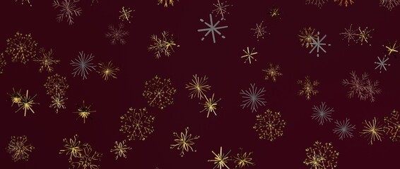Festive background with detailed snowflakes in gold and silver over burgundy, perfect for holiday greetings an