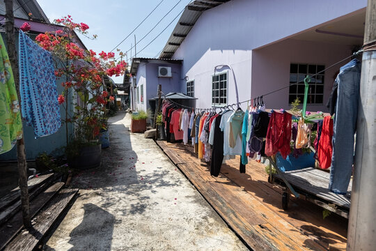 Traditional old wooden houses in the fishing village in Pulau Ketam in Malaysia