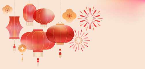 Modern Chinese watercolor background with lanterns and fireworks