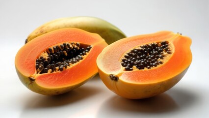 Papaya halves with seeds on white surface