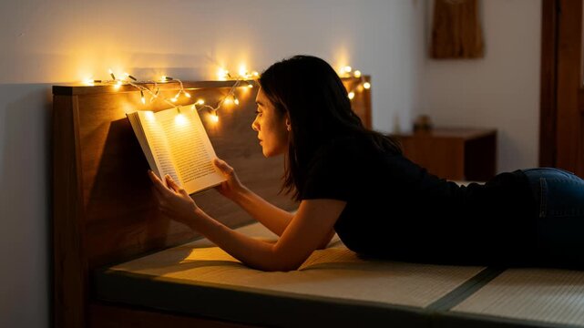 Woman reads book on a low bed illuminated by warm fairy lights in a dim bedroom, relaxed evening mood with soft shadows and empty right-side wall space for text or graphics, usable for lifestyle edito