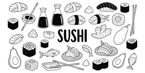 Hand drawn black and white sushi ingredients and food items collection for coloring pages © Mst Zakia