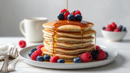 Stack of pancakes with syrup and berries