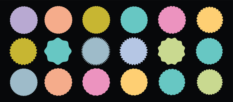 Geometric shapes with scallop and zigzag edges set. Zig zag edge circle shape collection. Set of circles with zigzag edges, Silhouette stickers circle, sunburst sticker shapes, circle and star shaped 