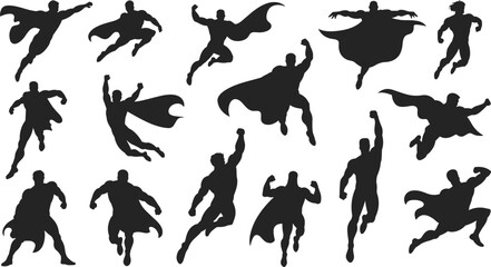 Superhero silhouette icon set, flying action poses, muscular hero graphics, cape character illustration, comic strength symbol design