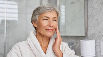 Woman applying skincare products in bathroom mirror.