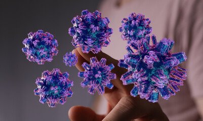 Close-up 3D render of virus particles floating near a human hand, visualizing the concept of disease and infec