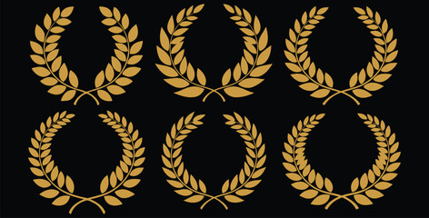 Set of six golden laurel wreath icons symbolizing victory achievement and classic award recognition