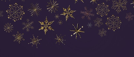 Elegant gold snowflakes on a rich purple background, perfect for winter holiday and Christmas design. Ideal fo