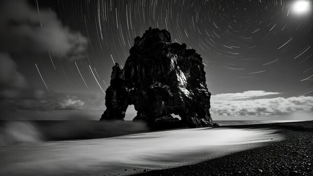Rock formation on black sand beach captured with long exposure star trails and blurred waves in a high contrast monochrome night seascape, with expansive dark sky and shoreline areas left open for tex