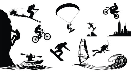 Dynamic Extreme Sports Silhouette Collection, Adventure and Action Vector Icons: Skiing, Climbing, Paragliding, Biking, Surfing, Kayaking, and Scuba Diving Lifestyle Set