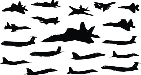 Aggressive military fighter and attack jet aircraft silhouettes collection, featuring modern and classic supersonic warplanes, bombers, and heavy transport planes set on a white background.