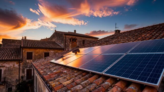 Solar panels reflect warm sunset light on tiled terracotta roofs in a village, set against a colorful evening sky and aged masonry buildings, conveying renewable energy integration and sustainable roo