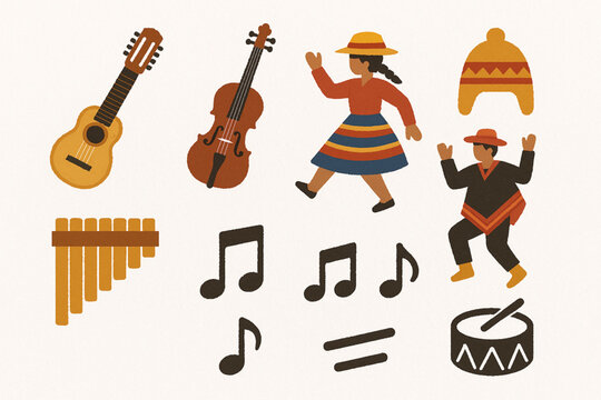 Andean Huayno music icon set flat vector illustration with traditional motifs in structured grid layout