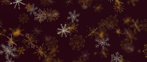 Elegant abstract background with falling gold and silver snowflakes on a dark burgundy background, perfect for winter an