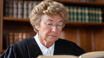 Woman judge sitting at a desk in a courtroom.