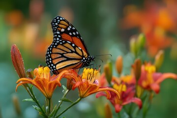 Vivid monarch butterfly on nectar, petals of wildflowers and lilies in a sunlit garden bed of perennials