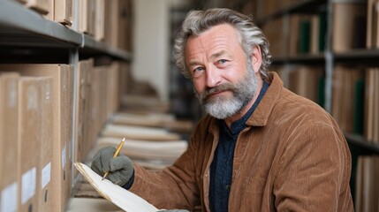 Man in warehouse with clipboard and books.