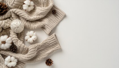 Fototapeta premium ニットと秋冬の装飾を並べたフラットレイ / Flat lay with knitwear and seasonal decorations 