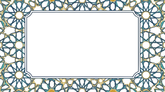 Rectangular white frame bordered by an intricate blue teal and gold Islamic geometric pattern