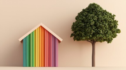Obraz premium A vibrant, rainbow-colored house stands next to a lush green tree, showcasing a playful blend of nature and imaginative design.