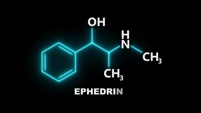 neon Ephedrine chemical Structure on black Background. glowing chemical formula of Ephedrine. Ephedrine Molecular Structure Symbol icon Animation. Ephedrine Molecule Structure icon.