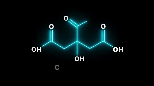 neon Citric Acid Chemical Formula Structure on black Background. glowing chemical formula of Citric Acid. Citric Acid Molecular Structure Symbol icon Animation. Citric Acid Molecule Structure icon.
