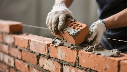Skilled construction worker meticulously laying traditional red bricks with mortar, building a sturdy wall, highlighting craftsmanship and the foundation of new structures